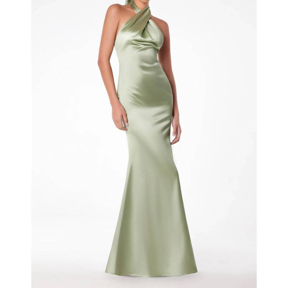 NEW ASTEE cross satin maxi prom dress in sage